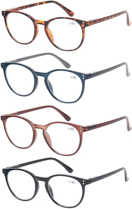Kerecsen 4 Pack Retro Round Reading Glasses Men Women Spring Hinges Lightweight Quality Readers