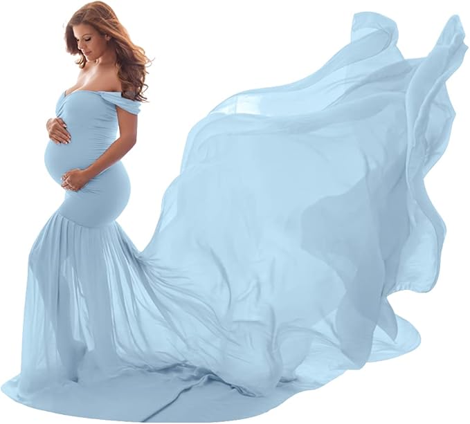 Odizli Maternity Dress, Photo Shoot, Off Shoulder Chiffon Tulle Mermaid Long Dress, Pregnant Clothing, Festive Wedding, Elegant Evening Dresses, Maternity Fashion, lightblue, One size