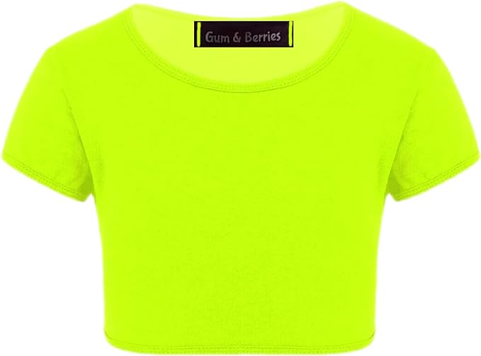 Kids Girls Neon Fluorescent Plain Short Sleeve Crop Tops T-Shirt Tee Top Dance Wear Gymnastic Fancy Dress Colour: Neon Yellow - Size: 9-10 Years