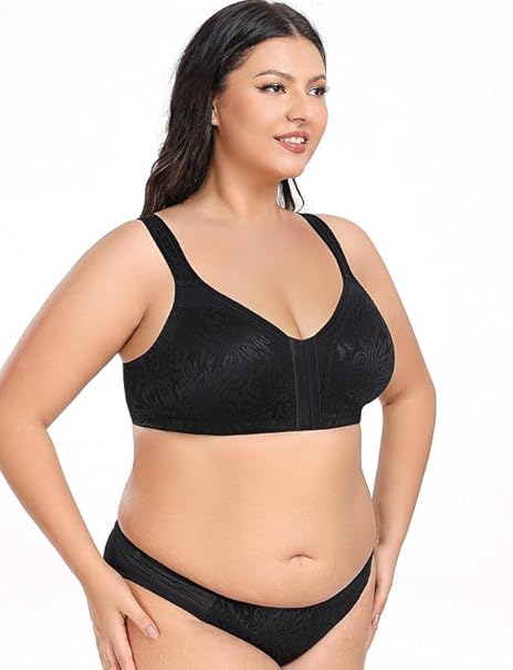 WingsLove Front Fastening Bras for Women Minimizer Wireless Non Padded Full Coverage Back Support Plus Size Bras (Black,36DD)