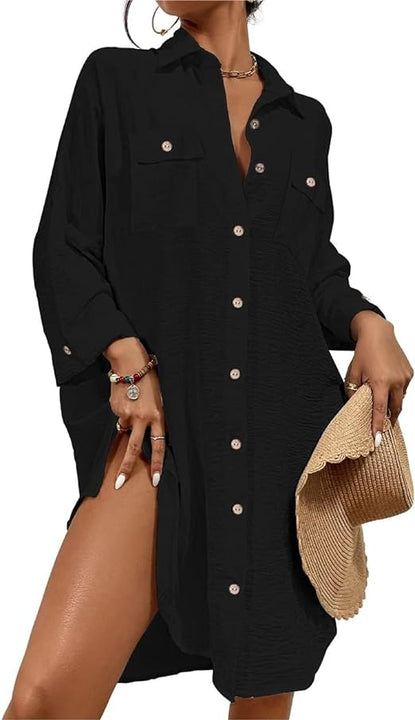 Bsubseach Swimsuit Coverups for Women Button Down Beach Shirt Dress Bathing Suit Cover Up Resort Wear Black L