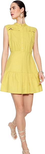 Trendyol Women's Shirt Regular fit Woven Dress, Yellow, 36