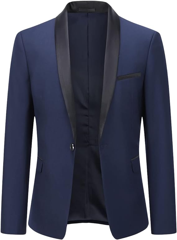 YOUTHUP Men's Blazer Shawl Collar 1 Button Slim Fit Formal Suit Jacket Wedding Prom Party Jacket,Navy Blue,XXL
