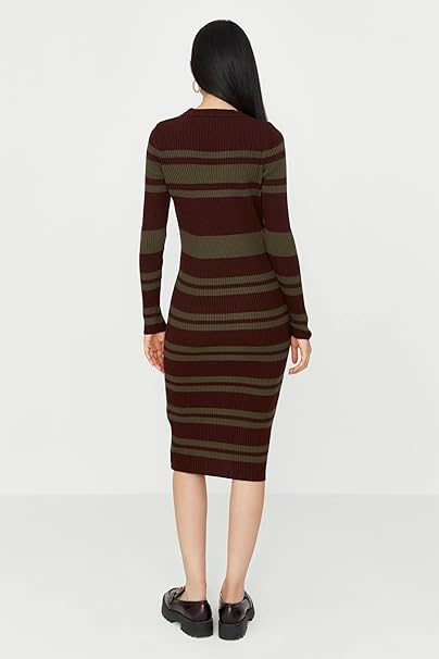Trendyol Women's Woman Fitted Bodycon Crew Neck Knitwear Dress, Brown, S