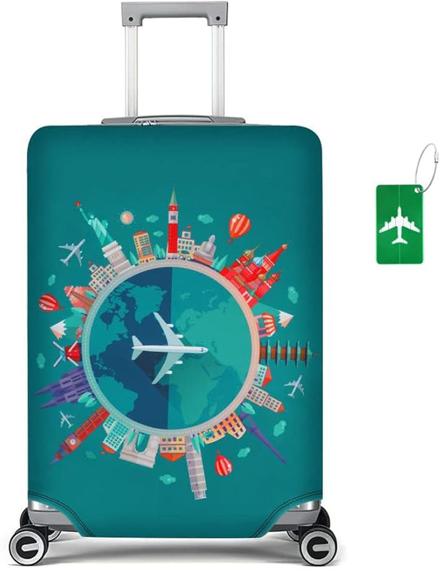 flintronic Travel Luggage Cover Elastic, Luggage Cover, Suitcase Cover, 22-25 Inch Suitcase Protective Cover, with Luggage Tag*1 (M, Green-Plane)