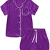 Alcea Rosea Kids Short Sleeve Silky Satin Pajama Set Button-Down Sleepwear Pajama Shorts Nightwear110-150(Purple,kids-120cm-5-6years)