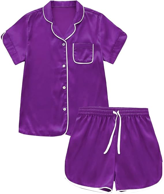 Alcea Rosea Kids Short Sleeve Silky Satin Pajama Set Button-Down Sleepwear Pajama Shorts Nightwear110-150(Purple,kids-120cm-5-6years)