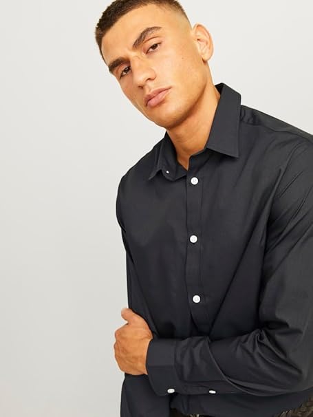 JJ REBEL Men's Jrebgavin Solid Shirt Ls Noos, Black, 2XL