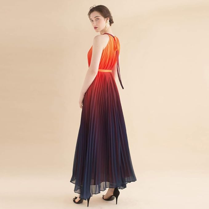 Chicwish Women's Splendor of The Sunset Orange Violet Halter Neck Gradient Pleated Maxi Slip Chiffon Dress, Purple, XL