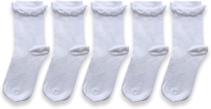 Cub Rocks 5pk Girls Cotton Frilly Ankle Socks! White, UK Size 8-12 (3-6 yrs)