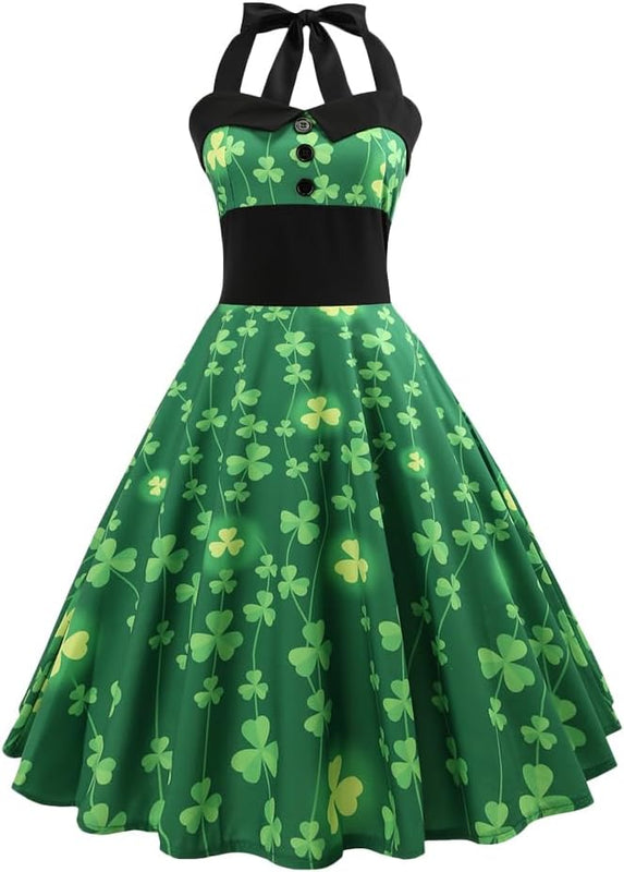 ifundom 1 x Chest Wrapped Green Clover Sleeveless For High Grass Sleeves Hanging Favour Printed Straps Waist Swing Dresses Patrick's Retro Irish M Holiday Size Patrick's Vintage Neck L