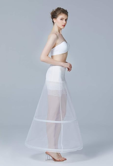BEAUTELICATE Women's Petticoat Crinoline Long A-line Underskirt Tulle Half Slip With Hoops For Wedding Bridal Evening Dress Cosplay Medieval Costume(White - 2 Hoops, 6-10)
