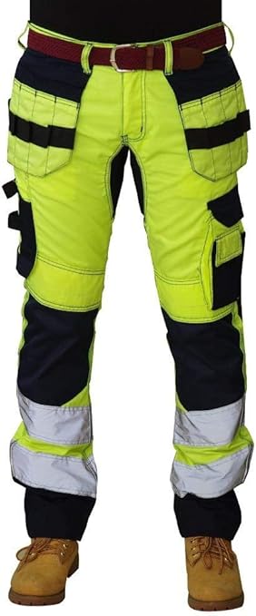 HASHOOB Men's Hi Viz Work Trousers Cargo Combat Army Trousers, Light Green and Black, 32W / 34L