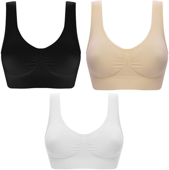 SZJH 3 Pack Of Simply Ultra Comfort Seamless Sport Style Bra With Removable Pads, White/Black/Nude, XXL