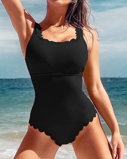 CharmLeaks Retro Square Neckline Ladies Swimming Costumes Removable Pads One Piece Swimsuit Chic Bathing Suit Black S