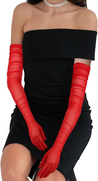 TOYMIS Women's Super Long Gloves, 1920s Sexy Sheer Gloves Elegant Long Opera Gloves Mesh Tulle Gloves Dance Gloves (red)