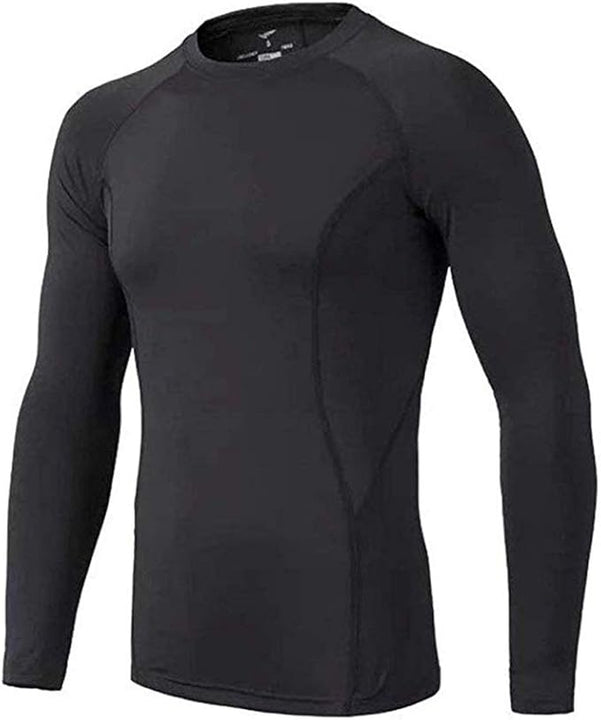 BUYKUD Men's Long Sleeve Base Layer Compression Athletic Underwear Shirt Tights Top & Bottom Set, Black, S
