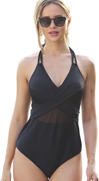 Westingshe Women's One Piece Bikini Sexy V-Neck Cross Hollow Waist Swimsuits Mesh Solid Color Bathing Suits UK, Alpha, XL, Regular, Regular, Black