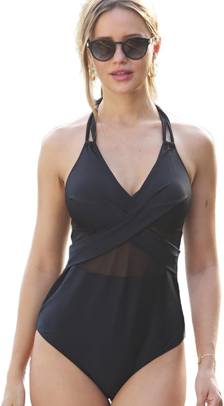 Westingshe Women's One Piece Bikini Sexy V-Neck Cross Hollow Waist Swimsuits Mesh Solid Color Bathing Suits UK, Alpha, XL, Regular, Regular, Black