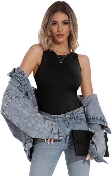 PrinStory Bodysuit for Women Black Sleeveless Body Suit Crew Neck Tank Tops (Black, M)