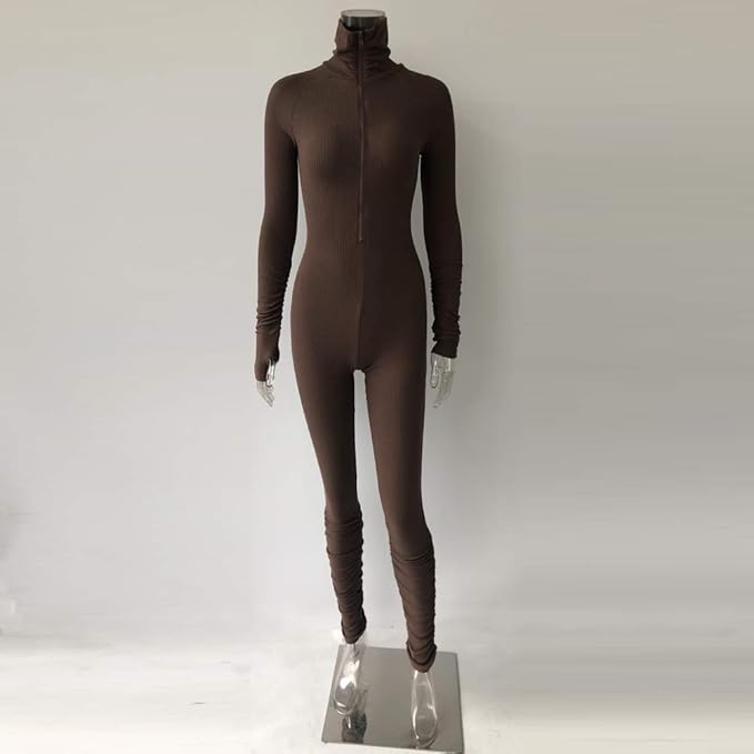 XLLAIS Women's Long Sleeve High Neck Zipper Bodycon Tight Full Length Jumpsuits Rompers One Piece Outfits Brown M