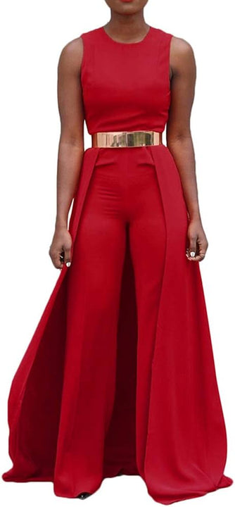 VERWIN Patchwork Overlay Embellished Plain Women's Jumpsuit High-Waist Woman Romper (X-Large, Red)