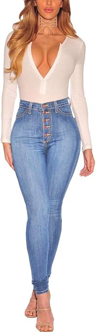ECUPPER Womens Jeans High Waist Skinny Fit Stretch Jeans Denim Trousers with Pockets Light Blue 3XL