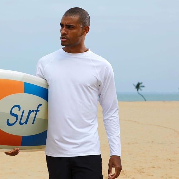 Arcweg Rashguard Men Long Sleeves Diving UV Protection UPF 50+ Elastic Rash Vest Loose Fit Top Swimming Quick Drying Surfing Pool T-Shirt Sports Top Rashie L, White