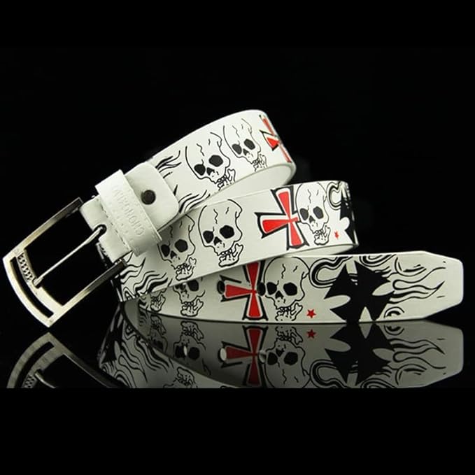 AIBEARTY Punk Skull Skeleton Pattern Pin Buckle Belt Gothic Casual Pu Leather Waistband for Women Men, White, One Size