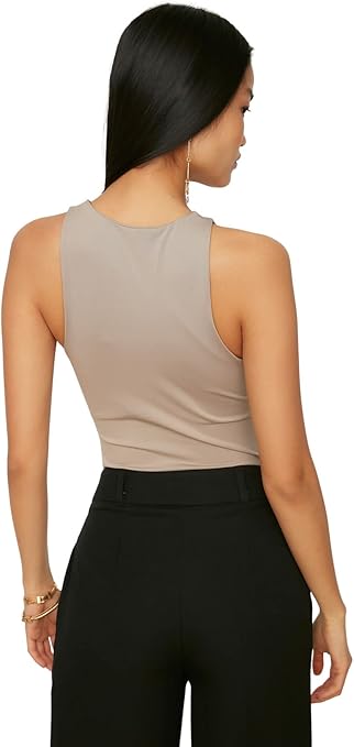 Trendyol Women Plain Thin Knit Bodysuit, Mink, L