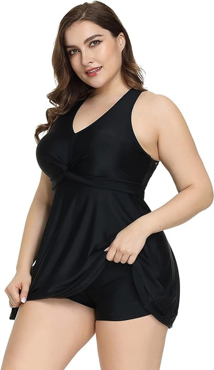 Hanna Nikole Women Plus Size High Waisted Swimsuits Tummy Control Swimdress 18W Black