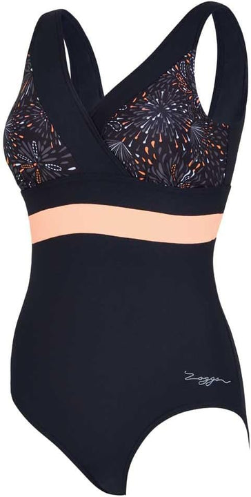 Zoggs Women's Square Back One Piece Swimsuit, Black/Coral, 14