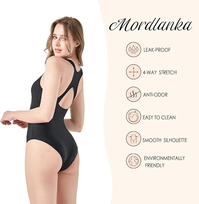 Mordlanka Period Swimwear One Piece Leakproof Swimsuit for Teen Girls Women, Black, Medium