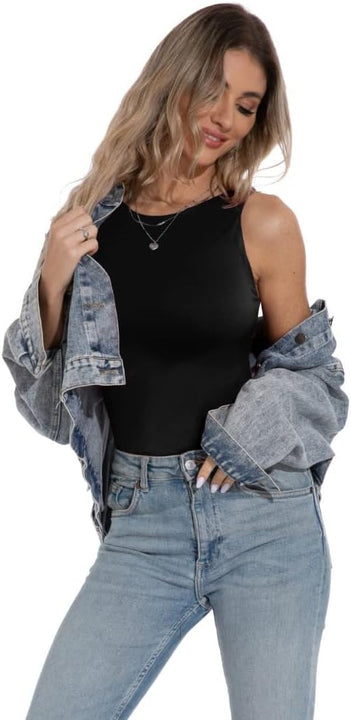 PrinStory Bodysuit for Women Black Sleeveless Body Suit Crew Neck Tank Tops (Black, M)