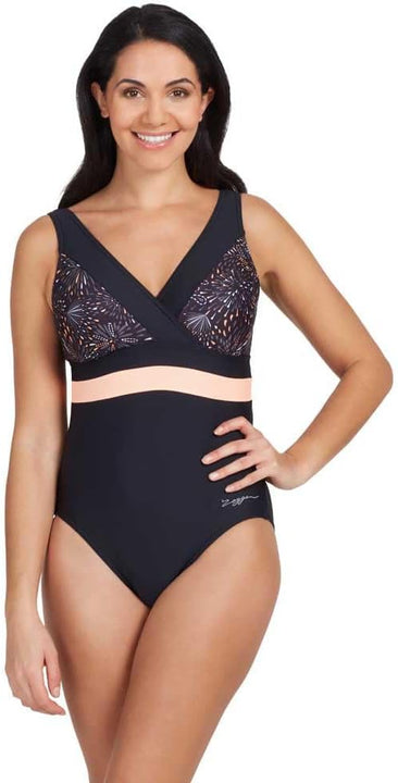 Zoggs Women's Square Back One Piece Swimsuit, Black/Coral, 14