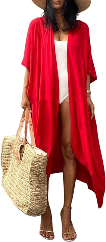 Bsubseach Women Solid Red Long Beach Swimsuit Cover Ups for Swimwear Sexy Bikini Beach Kimono Cardigan, Red, XXL