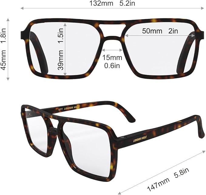 LONDON MOLE® Spy reading glasses | Cool square shaped pilot readers | Men’s Women’s Unisex | Spring hinges