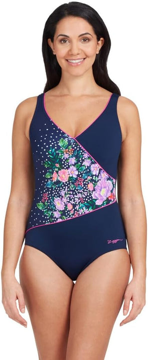 Zoggs Women's Wrap Front One Piece Swimsuit, Navy