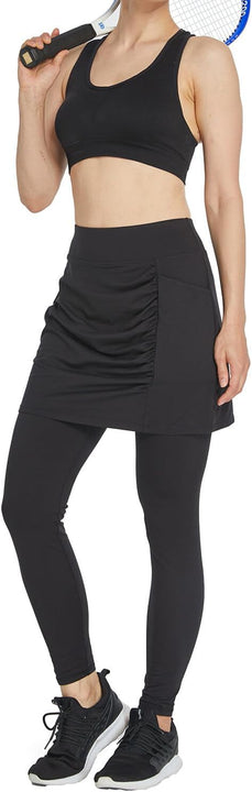 Westkun Women's Leggings with Skirt Ankle Length Running Trousers Tennis Skirt with Pockets Yoga Sports Soft Skirt Trousers Tennis Clothing 2-in-1, Black-Ruched, L