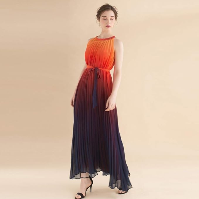 Chicwish Women's Splendor of The Sunset Orange Violet Halter Neck Gradient Pleated Maxi Slip Chiffon Dress, Purple, XL