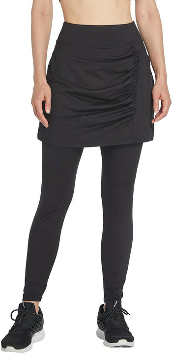 Westkun Women's Leggings with Skirt Ankle Length Running Trousers Tennis Skirt with Pockets Yoga Sports Soft Skirt Trousers Tennis Clothing 2-in-1, Black-Ruched, L