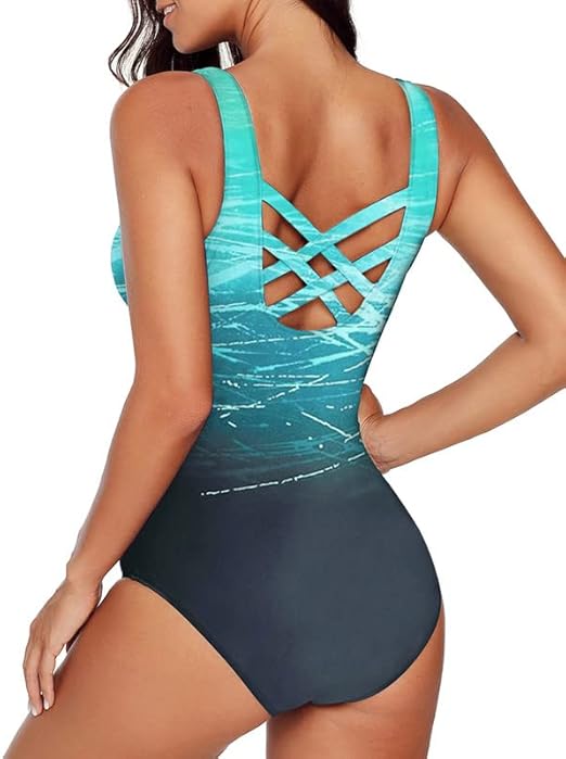 Bsubseach Womens One Piece Swimsuit Tummy Control Bathing Suit U Neck Criss Cross Back Swimwear with Chest Pads, M