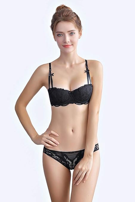 Bluewhalebaby Women's Underwire Push up Demi Balconette Bra and Knickers Set Lace Lingerie Sets Black 36C
