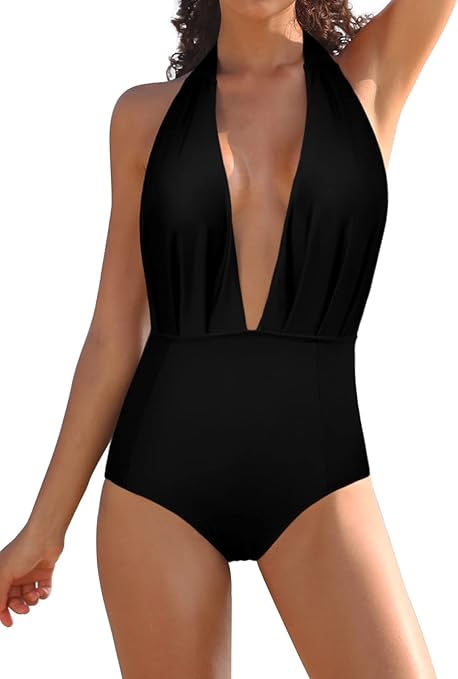SHEKINI Women's Low Back Swimsuit Sexy Deep V Neck Beach Swimwear Padded Backless Halter Swimming Costume, Black, XX-Large