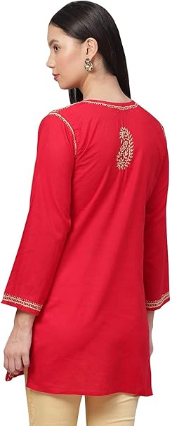 Ada Indian Hand Embroidered Ethnic Chikankari Women's Cotton Top Tunic Shirt Blouse A250381, red, XL