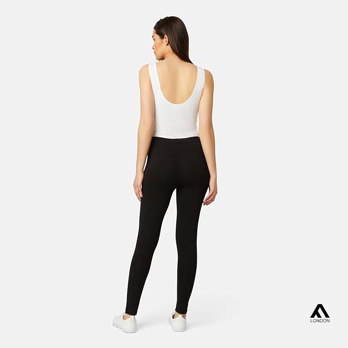 FM London (2-Pack) Women's Casual Leggings - Non See Through Leggings for Women UK - Stretch Fit Women's Leggings worn as Gym Leggings or Casual Wear - Black Leggings, Seamless Leggings