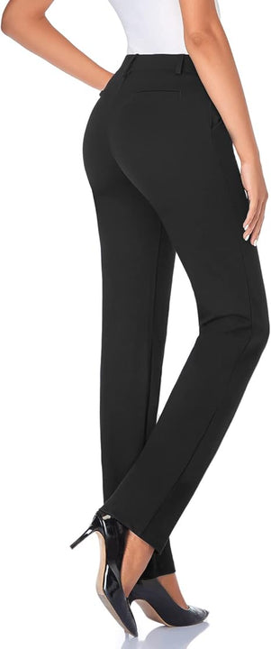 Tapata Women's Stretchy Straight Dress Pants with Pockets Tall, Petite, Regular for Office Work Business, Black, XL / 34L