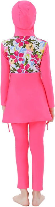 Girls' Modest Muslim Swimwear UPF 50+ UV Islamic Hijab Swimsuit Long Sleeve Top Shirt with Shorts Swimming Cap 3-Piece Swimsuit Beach Wear, rose, 11-12 Years