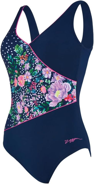Zoggs Women's Wrap Front One Piece Swimsuit, Navy
