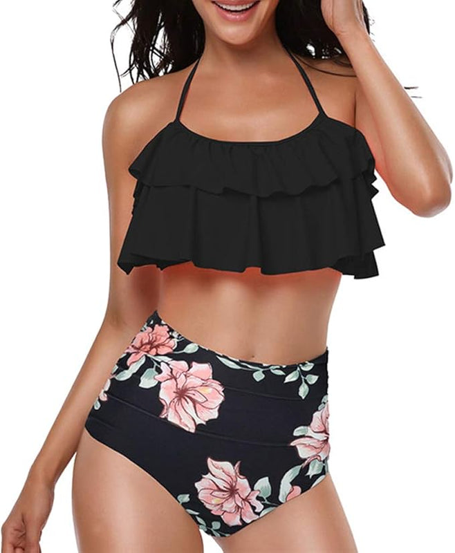 TEERFU Womens Swimwear High Waisted Padded Halter Beach Bathing Suits Bikini Set, Black, XL (18-20)